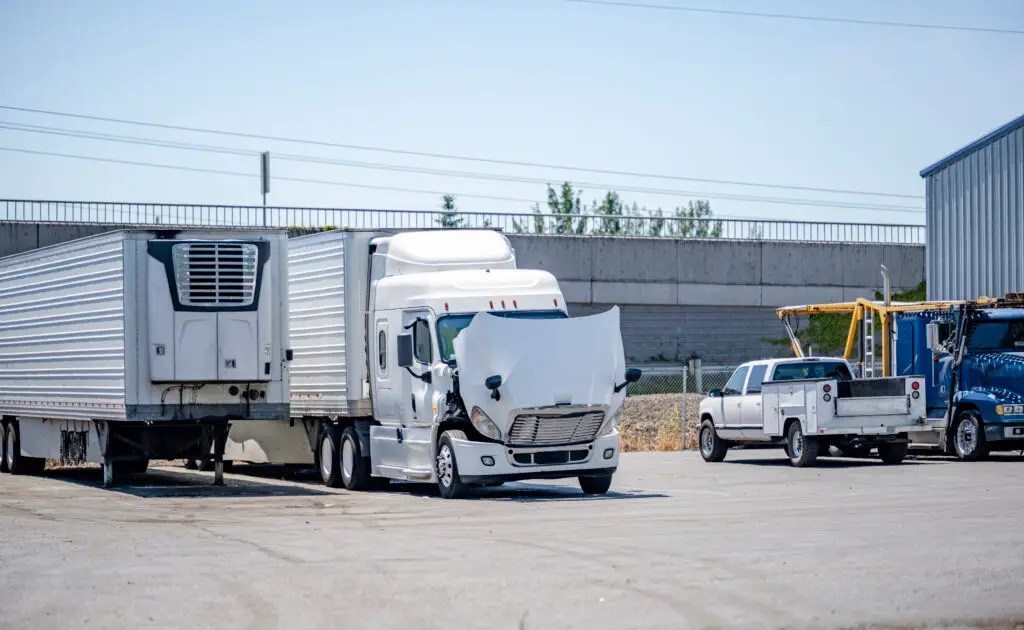 White broken big rig semi truck tractor with open hood and refrigerator semi trailer standing on the repair shop parking lot waiting for the diagnostic technician inspection and quick repair, truck accident damage