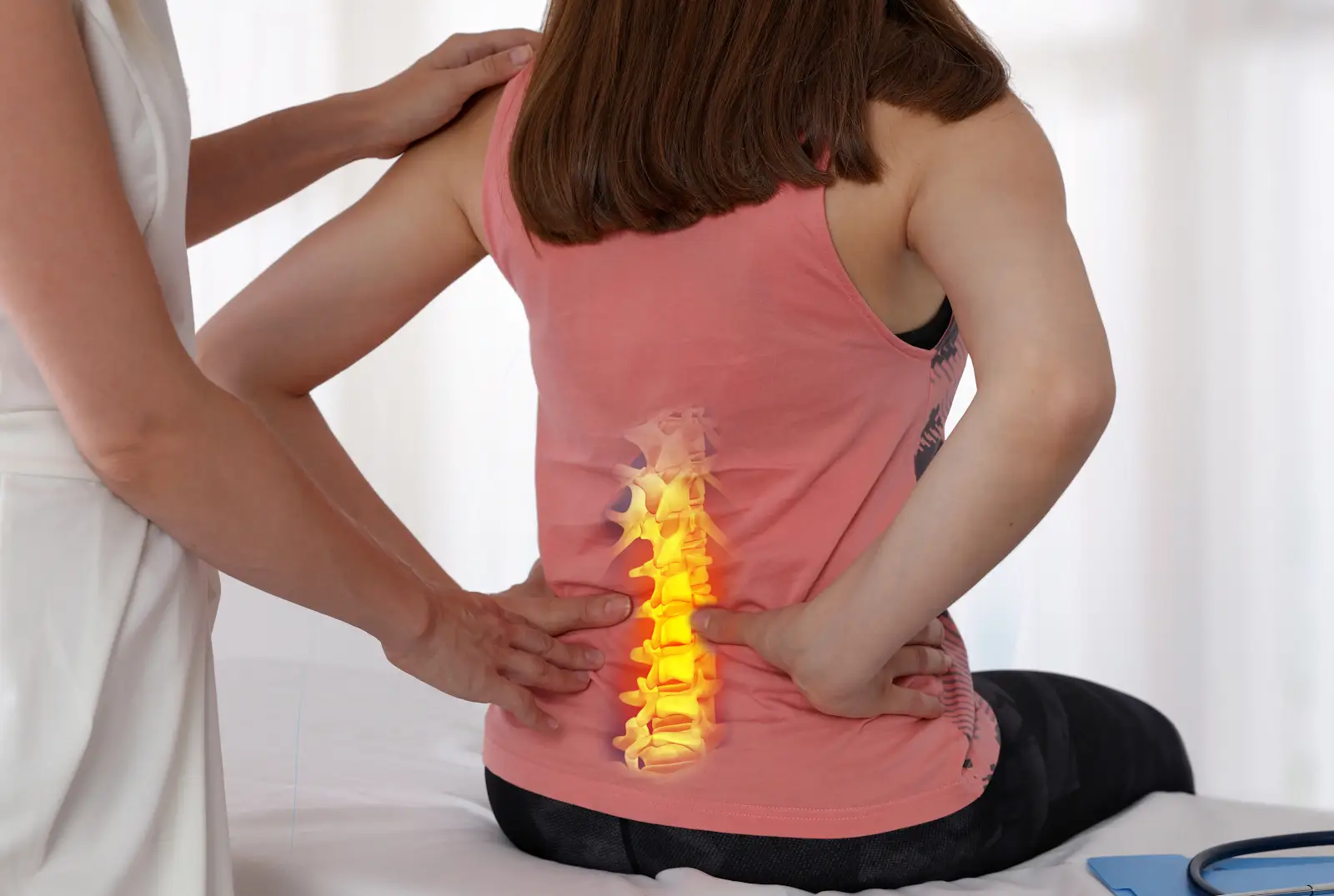 spinal cord injury being examined by a health care worker. An image of a spinal cord has been imposed on the back of the patient, to display where spinal injuries could occur.