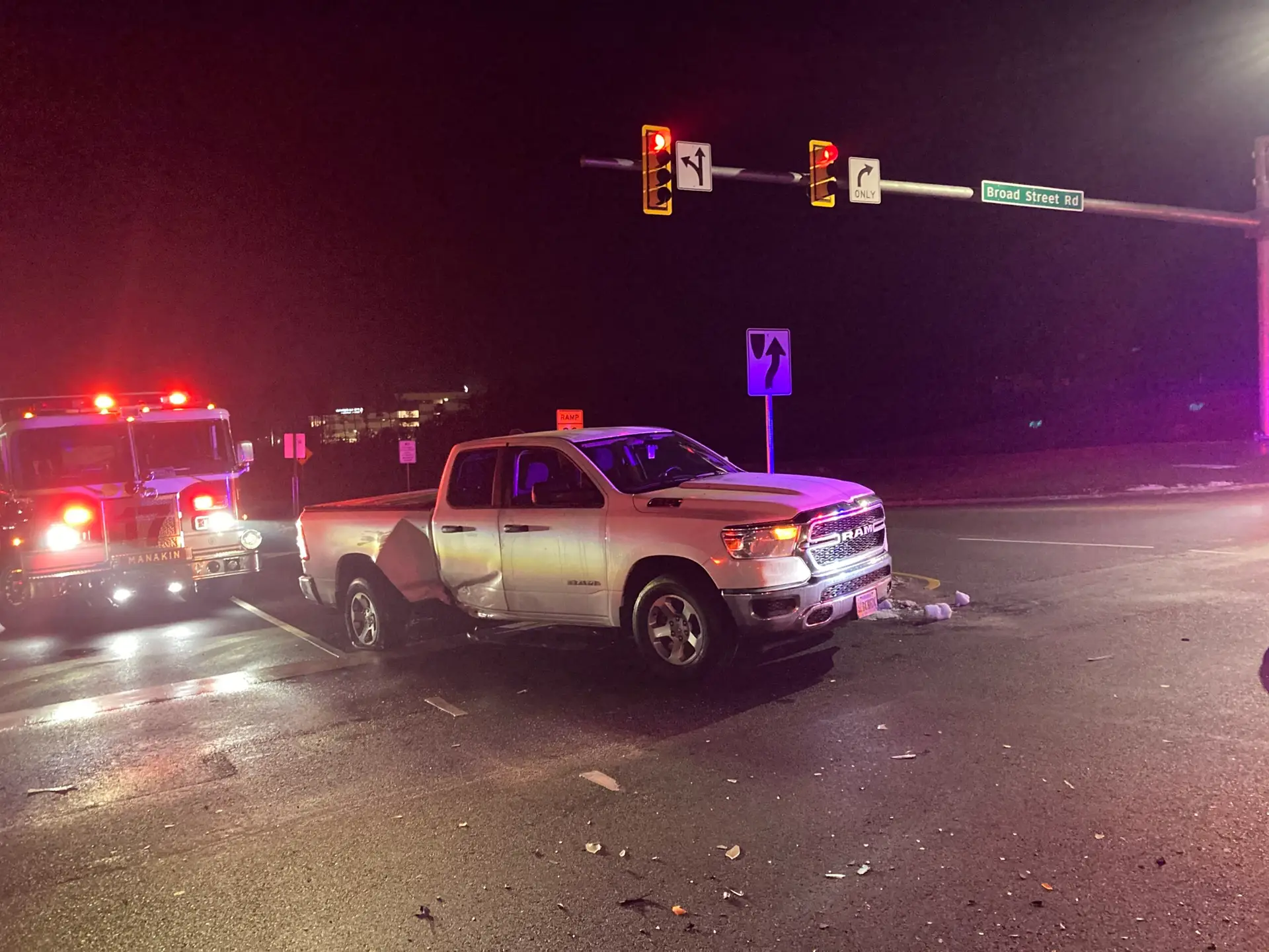 A damaged truck after an accident at an intersection in Richmond, VA