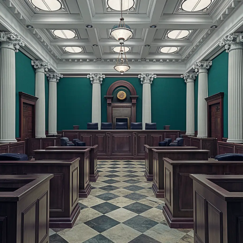 an empty courtroom where personal injury trials are held.