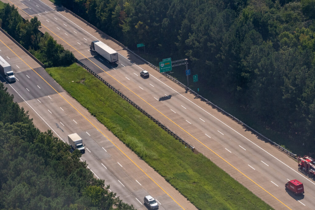 An aerial view as a delivery truck travels on Interstate 64 just outside of Richmond, Virginia