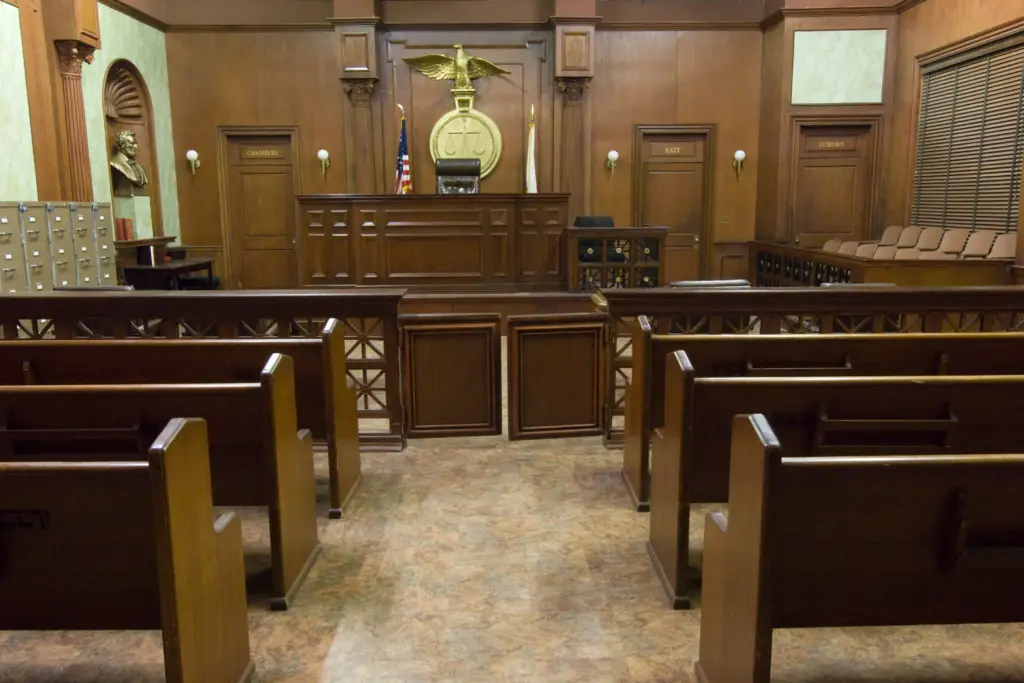 An empty courtroom before a personal injury trial starts after the two sides could not agree on a settlement. 