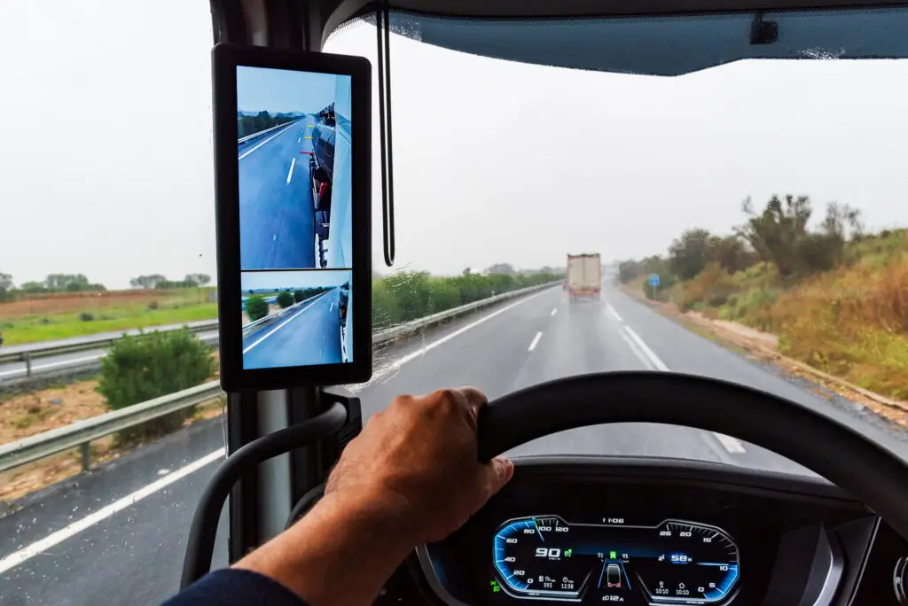 The inside of a semi-cab equipped with rear-view cameras and extra mirrors to help eliminate blind spot truck accidents.