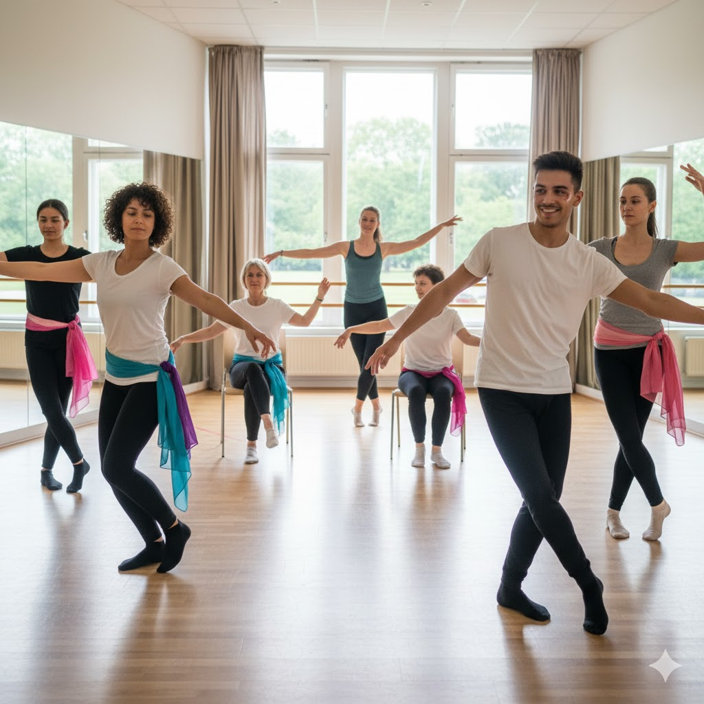 A studio of adults using dance therapy to restore cognitive brain function after injury.
