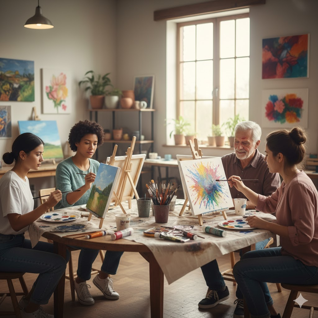 A group of adults using art therapy as a holistic method of healing traumatic brain injury.